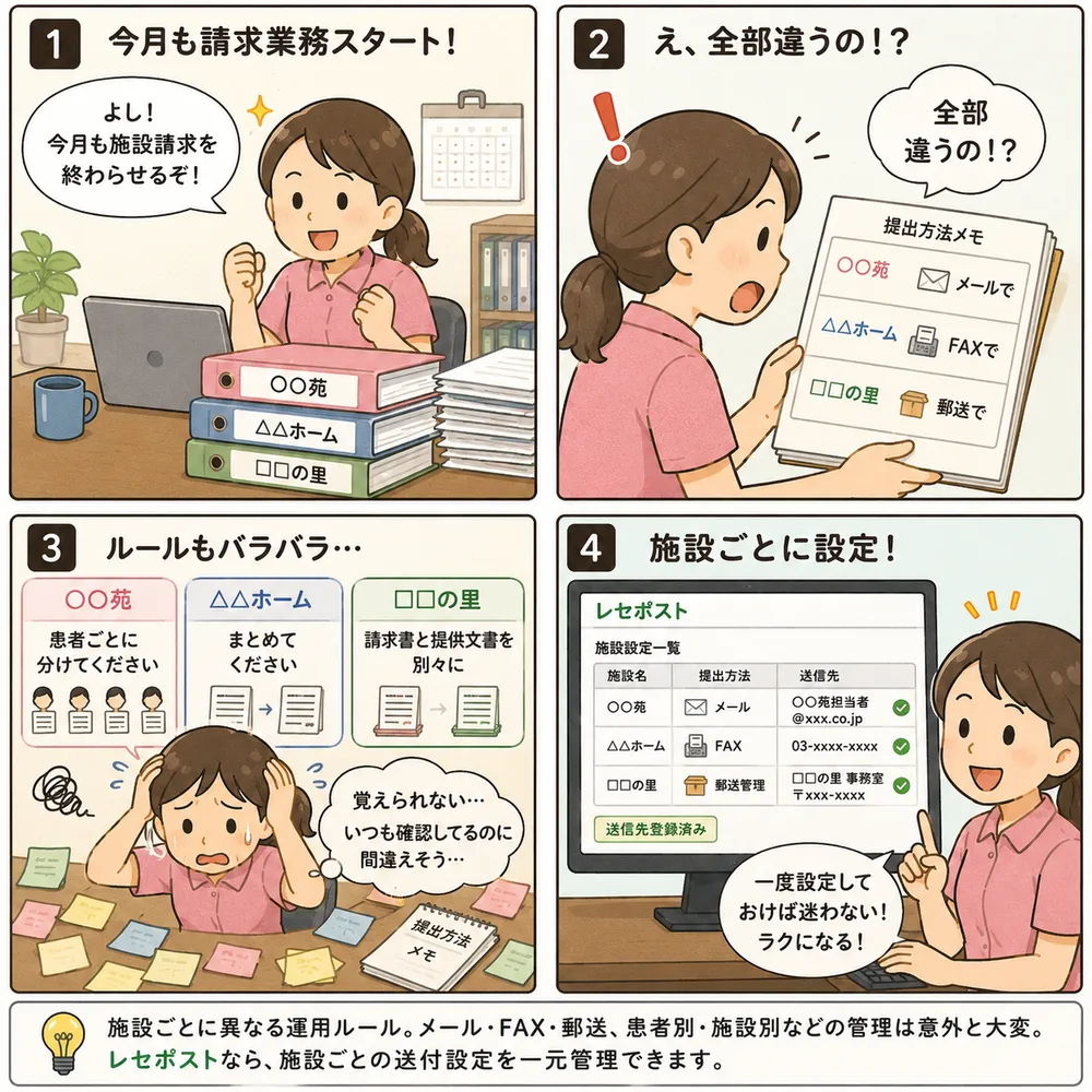 訪問歯科あるある：請求業務のルールが施設ごとにバラバラ。レセポストなら施設ごとに設定してまとめて管理（4コマ漫画）